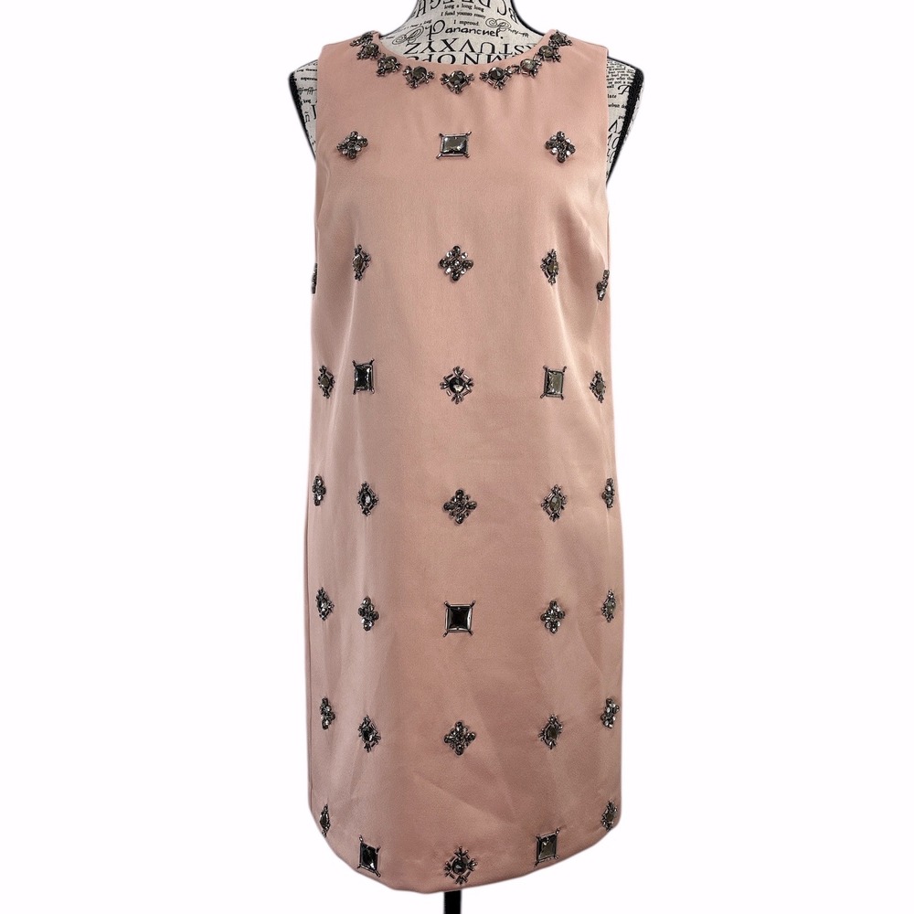 Ann Taylor Shift Dress Woman's Size 2 Pink Embellished Jeweled Neckline Formal